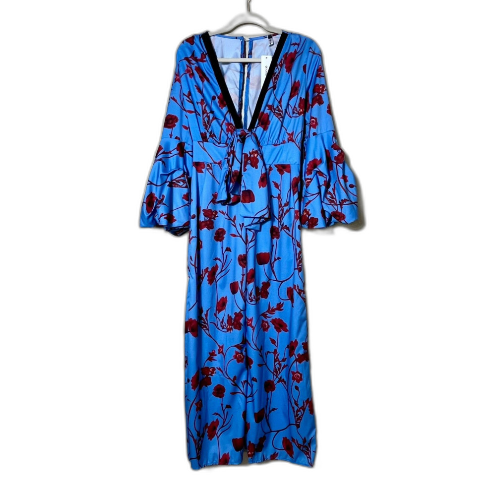 NWT OC Order Plus Blue Red Floral 1970s Jumpsuit Deep Vee M Wide Leg Polyester